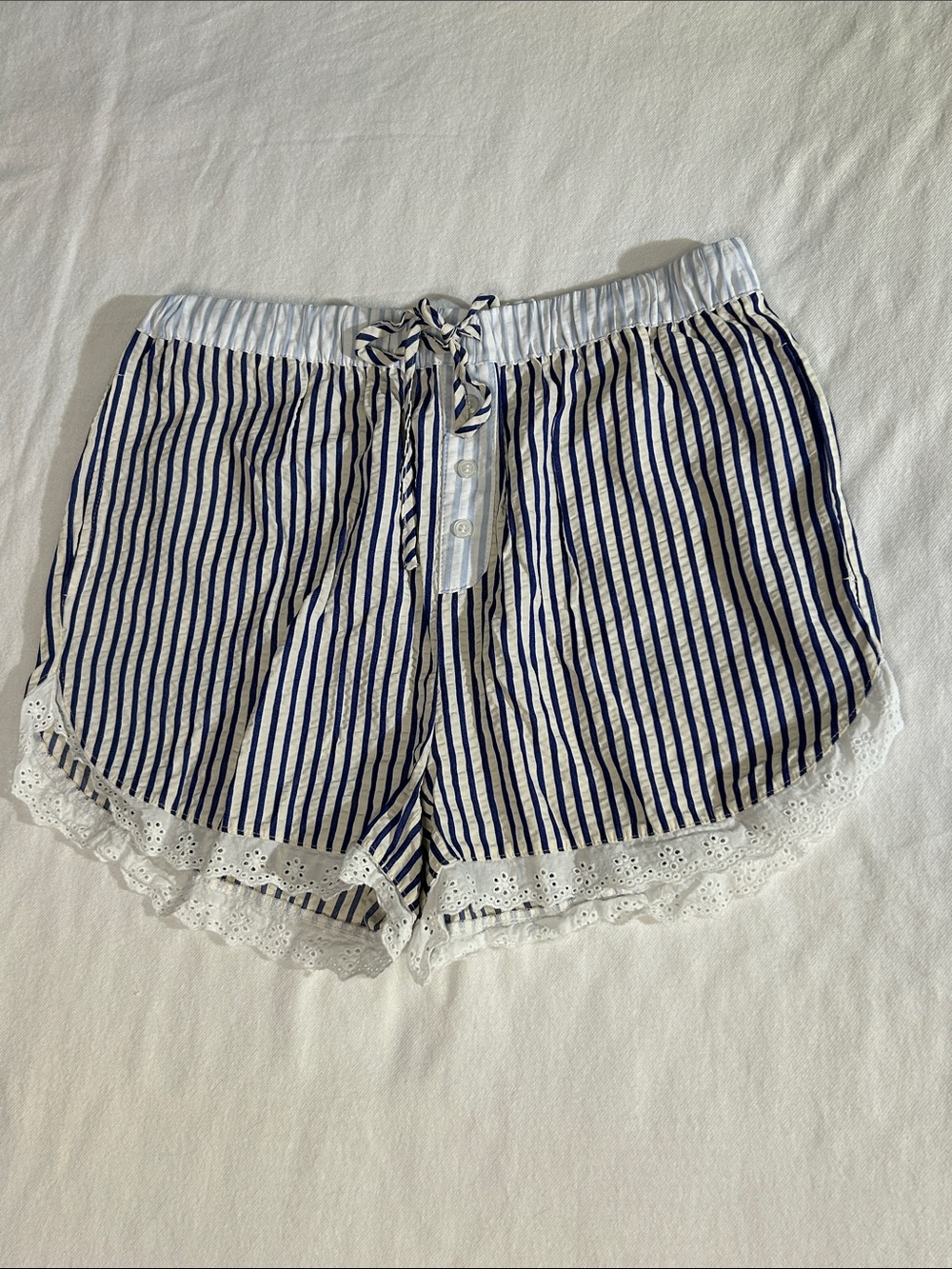 Navy Stripe Lace-Trim Sleep Shorts